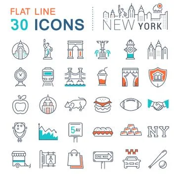 Set Vector Flat Line Icons New York 무료 스톡 일러스트