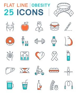 Set Vector Flat Line Icons Obesity Ilustración de archivo