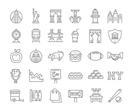Set Vector Flat Line Icons New York Free Stock Illustration