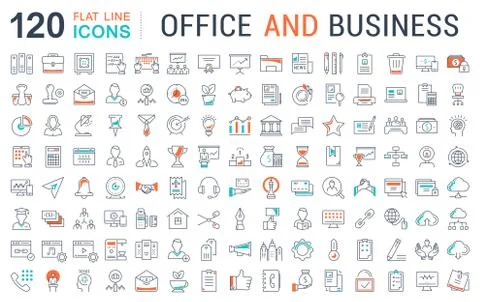 Set Vector Flat Line Icons Office and Business Stock Illustration