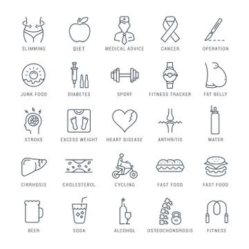 Set Vector Flat Line Icons Obesity Free Stock Illustration
