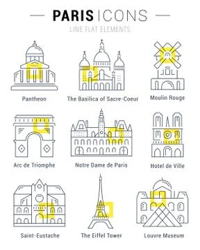 Set Vector Flat Line Icons Paris Architecture Ilustración de archivo