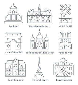 Set Vector Flat Line Icons Paris Architecture Stock Illustration