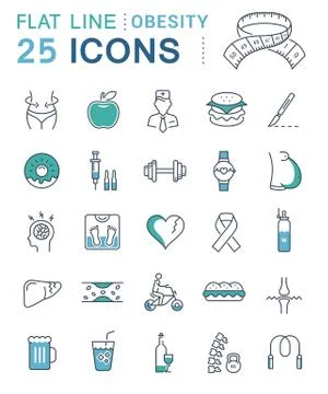 Set Vector Flat Line Icons Obesity Stock Illustration