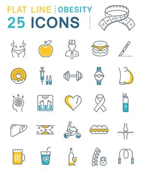 Set Vector Flat Line Icons Obesity Stock Illustration