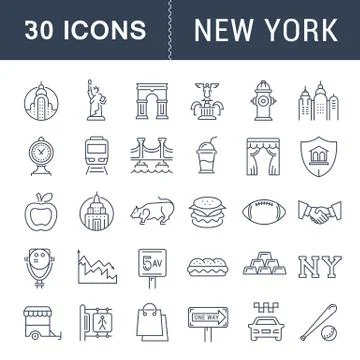 Set Vector Flat Line Icons New York Stock Illustration
