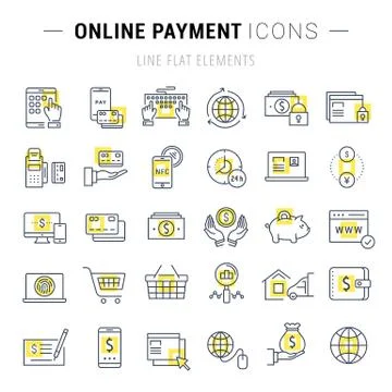 Set Vector Flat Line Icons Online Payment Free Stock Illustration