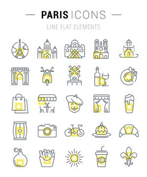 Set Vector Flat Line Icons Paris Stock Illustration