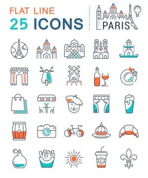 Set Vector Flat Line Icons Paris and France Stock Illustration