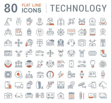 Set Vector Flat Line Icons Technology Free Stock Illustration