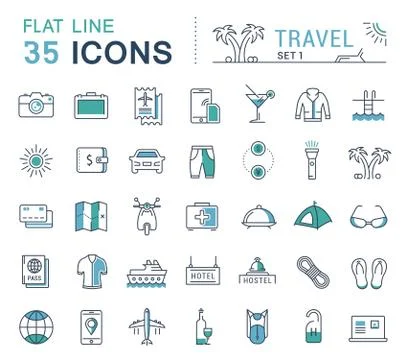 Set Vector Flat Line Icons Travel Stock Illustration