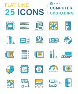 Set Vector Flat Line Icons Upgrading Computer 免费库存插图