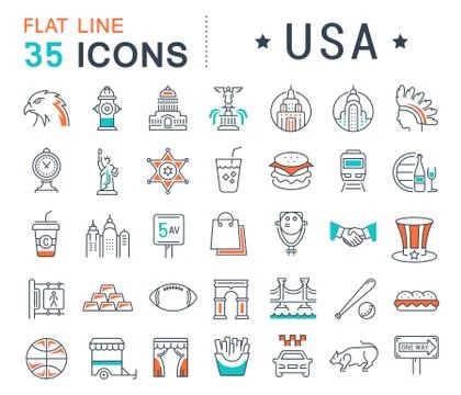 Set Vector Flat Line Icons USA and America 무료 스톡 일러스트