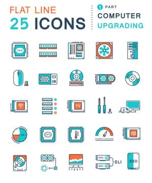 Set Vector Flat Line Icons Upgrading Computer Free Stock Illustration