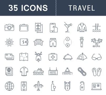 Set Vector Flat Line Icons Travel Illustrazione stock