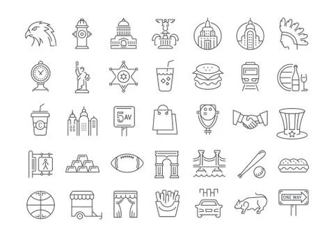 Set Vector Flat Line Icons USA and America Free Stock Illustration