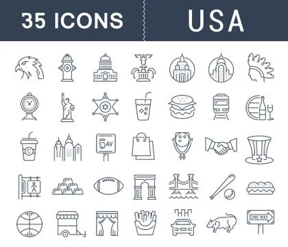 Set Vector Flat Line Icons USA and America Illustrazione stock gratuita