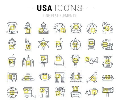 Set Vector Flat Line Icons USA and America Free Stock Illustration
