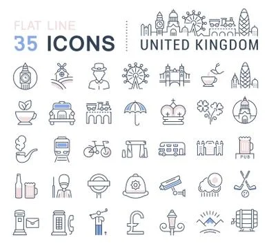 Set Vector Flat Line Icons UK Selección de ilustraciones gratis