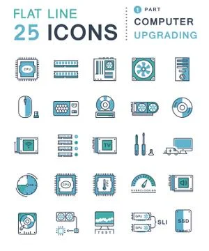 Set Vector Flat Line Icons Upgrading Computer 無料イラスト素材
