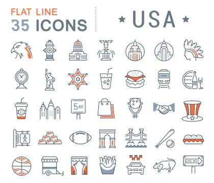 Set Vector Flat Line Icons USA and America Illustrazione stock gratuita