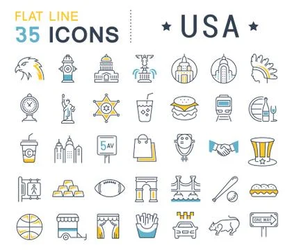 Set Vector Flat Line Icons USA and America Free Stock Illustration