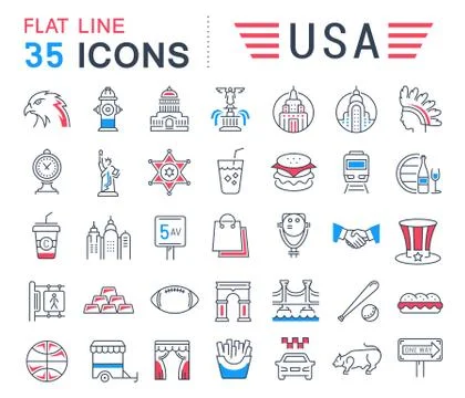 Set Vector Flat Line Icons USA and America Free Stock Illustration