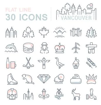 Set Vector Flat Line Icons Vancouver and Canada Free Stock Illustration