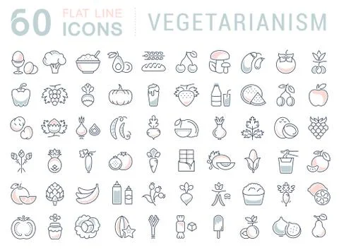 Set Vector Flat Line Icons Vegetarianism Stock Illustration