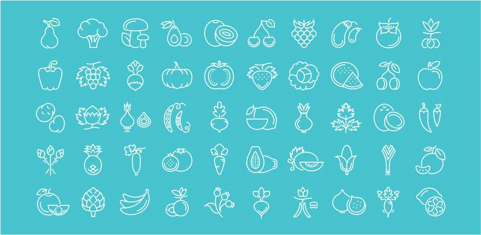 Set Vector Flat Line Icons Vegetables and Fruit Stock Illustration