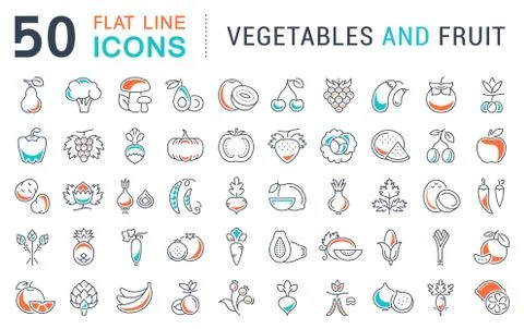 Set Vector Flat Line Icons Vegetables and Fruit Illustrazione stock