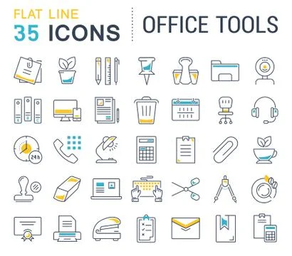 Set Vector Flat Line Icons Office Tools Free Stock Illustration