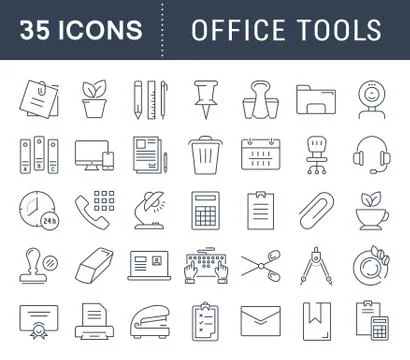 Set Vector Flat Line Icons Office Tools Free Stock Illustration