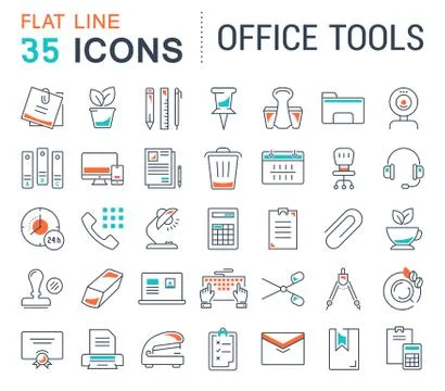 Set Vector Flat Line Icons Office Tools Free Stock Illustration