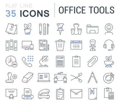 Set Vector Flat Line Icons Office Tools Free Stock Illustration