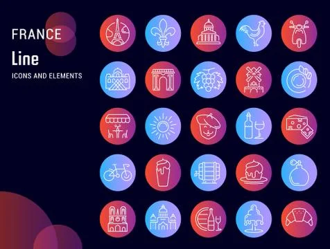 Set Vector Flat Line Icons France and Paris Illustrazione stock