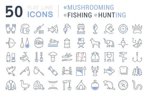 Set Vector Flat Line Icons Mushrooming, Fishing and Hunting Free Stock Illustration