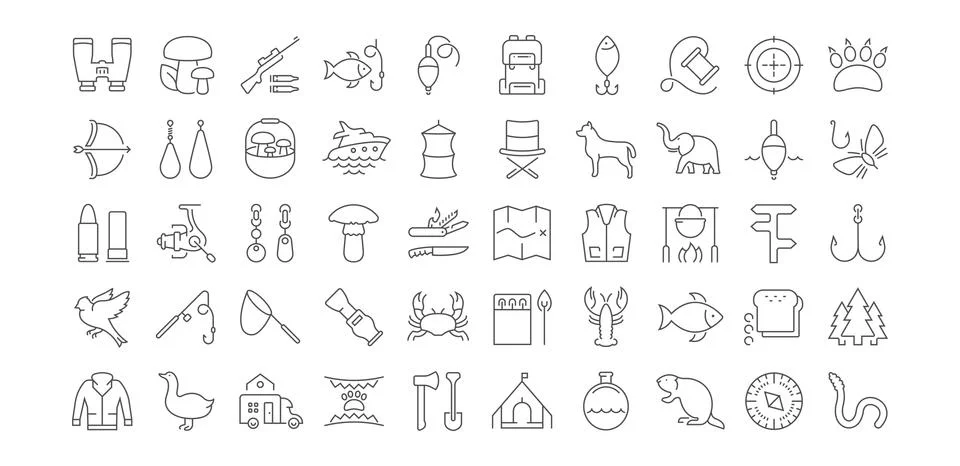 Set Vector Flat Line Icons Mushrooming, Fishing and Hunting Stock Illustration