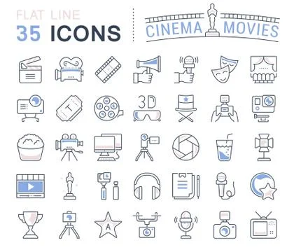 Set Vector Flat Line Icons Cinema and Movies Free Stock Illustration