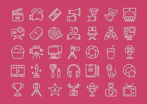 Set Vector Flat Line Icons Cinema and Movies Free Stock Illustration
