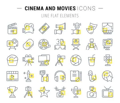 Set Vector Flat Line Icons Cinema and Movies Free Stock Illustration