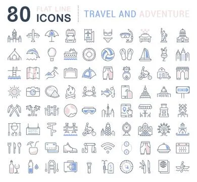 Set Vector Flat Line Icons Travel and Adventure Free Stock Illustration