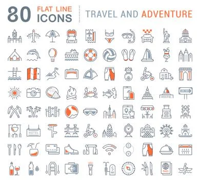 Set Vector Flat Line Icons Travel and Adventure Free Stock Illustration