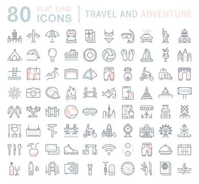 Set Vector Flat Line Icons Travel and Adventure Free Stock Illustration