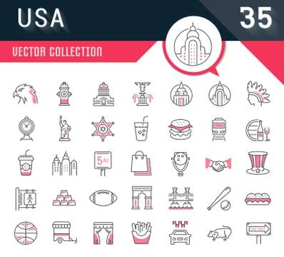 Set Vector Flat Line Icons USA and America Free Stock Illustration