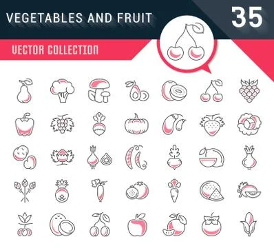 Set Vector Flat Line Icons Vegetables and Fruit Free Stock Illustration