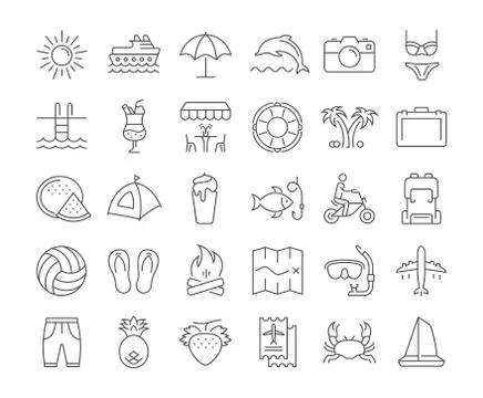 Set Vector Flat Line Icons Summer Free Stock Illustration