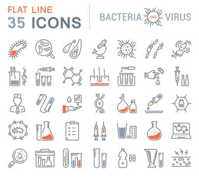 Set Vector Flat Line Icons Bacteria and Virus Free Stock Illustration