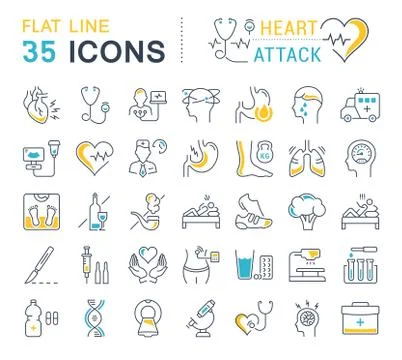 Set Vector Flat Line Icons Heart Attack Free Stock Illustration