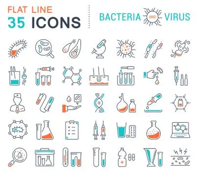 Set Vector Flat Line Icons Bacteria and Virus Free Stock Illustration
